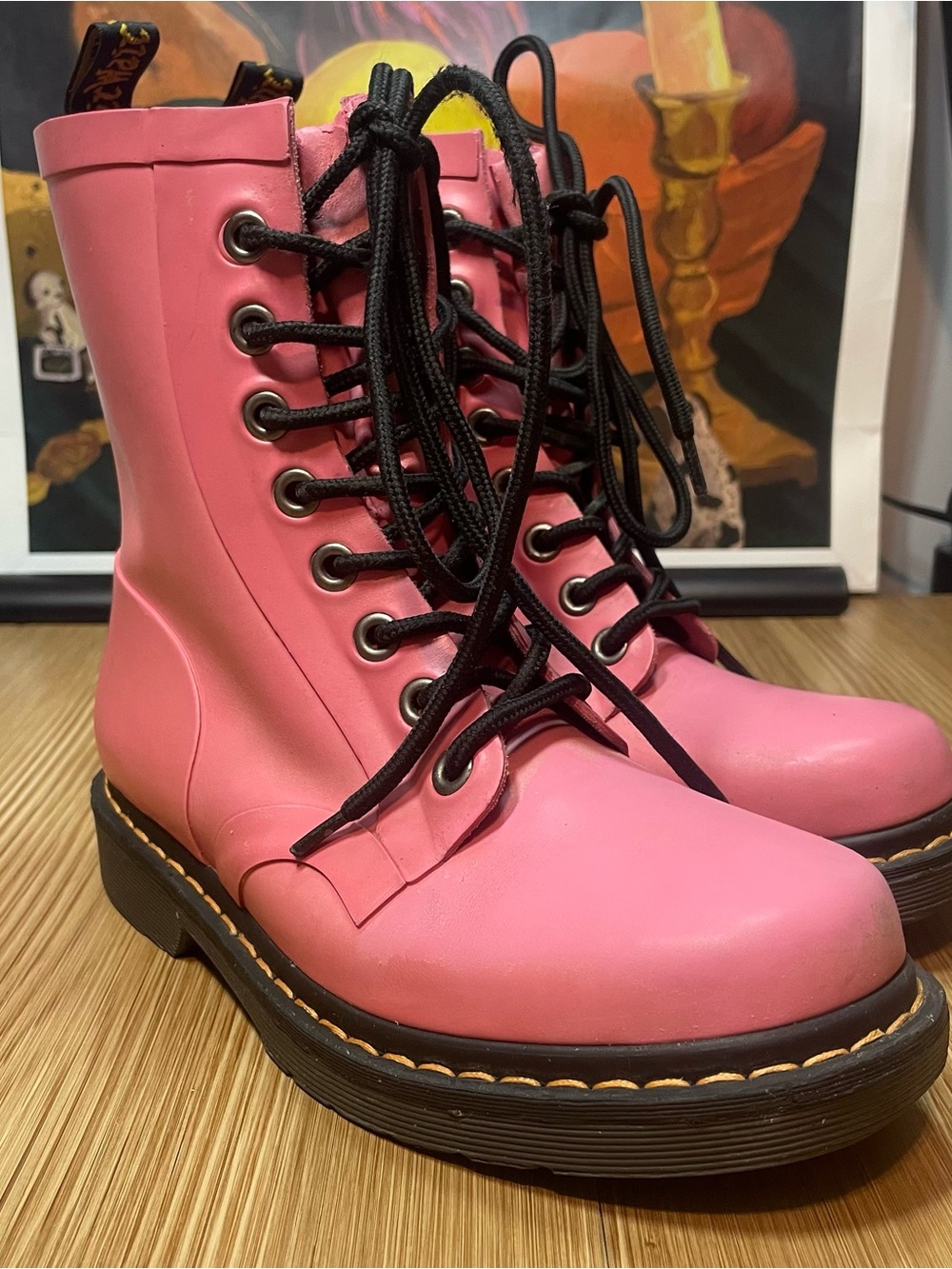 Dr. Martens Drench Rubber Rain Boots Pink Waterproof Lace Up 8 Eye Women's 7